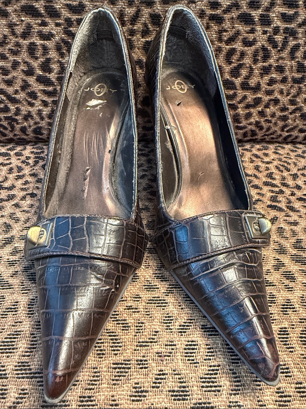 Croc-Embossed Pointed Toe 3” Heel Pumps - Chocolate Brown